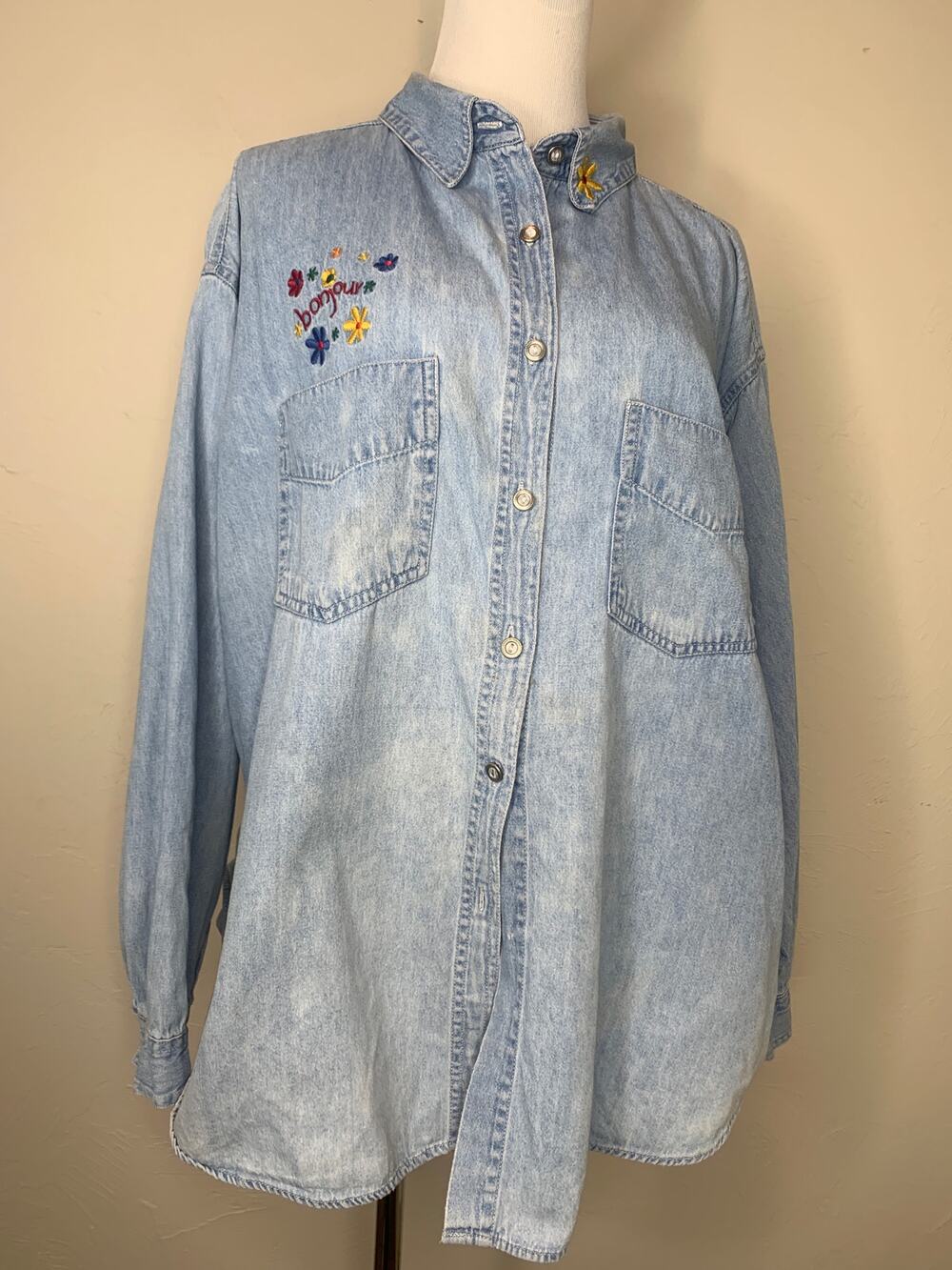 Vintage Bonjour Embroidered Chambray Jean Shirt Sz ? XL